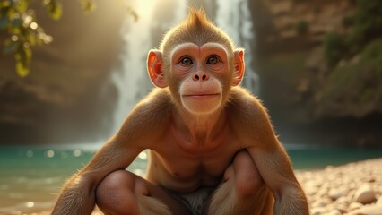 Curious Monkey Sitting by a Waterfall in a Tropical Forest During Golden Hour, Highlighting the Beauty of Wildlife and Nature. Anthropomorphic ape