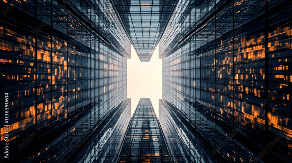 Poster illuminated modern skyscrapers at dusk, creating a sense of wonder in a futuristic cityscape from a 