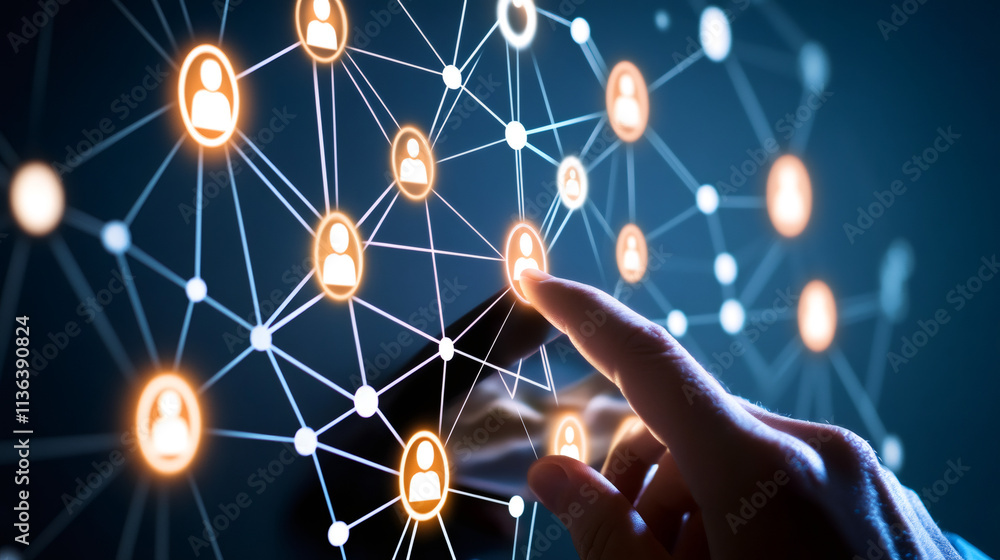 Poster hand touching virtual screen connecting customer and partner icons, symbolizing global business netw