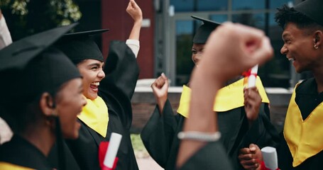 Graduates, hug or happy people in graduation celebration, education achievement or diploma success. Support, friends or academic group in university ceremony certificate together and learning goals - Powered by Adobe
