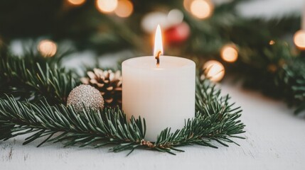 A lit white candle surrounded by pine branches, pinecones, and festive decorations creates a cozy Christmas ambiance with soft bokeh lights.