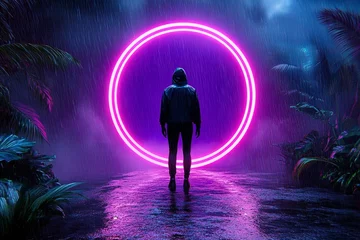 Gardinen A 3D-rendered scene of a person stepping into a glowing portal to another world, surrounded by vibrant, futuristic landscapes © Thanyarat