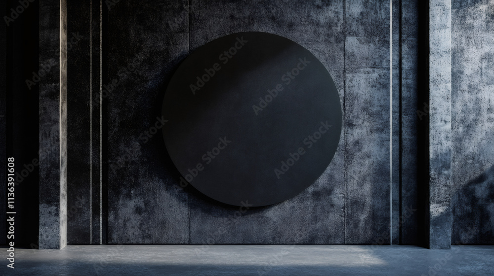 Poster Minimalist and modern backdrop: large circular display on dark concrete wall in empty room with columns