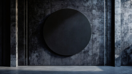 Minimalist and modern backdrop: large circular display on dark concrete wall in empty room with columns