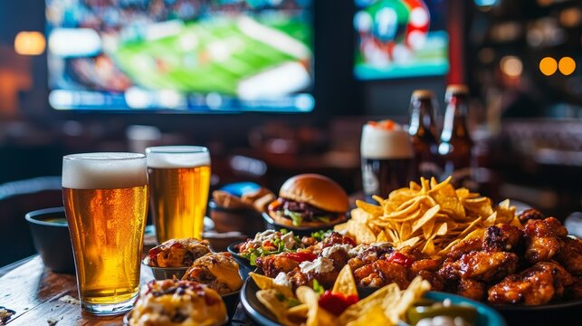 Sports bar food and drink, burgers wings nachos beer on table, watching sports game on TV