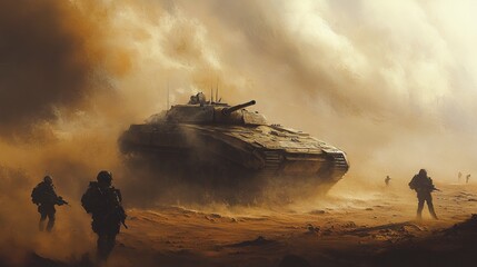 Troops maneuver through a dusty landscape with an armored vehicle