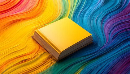 Yellow Book Resting on Vibrant Rainbow Swirls