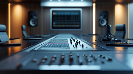 Ready for music production: a modern recording studio control room with a mixing console, audio monitors, and computer screen