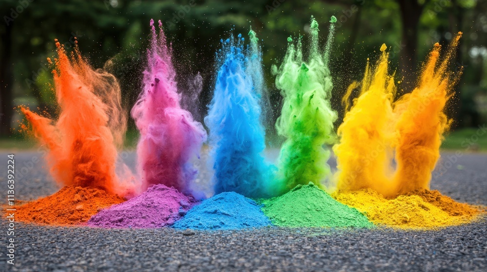Poster vibrant color powder explosions creating artistic patterns on a paved surface