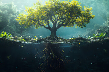 Fototapeta premium Underwater tree with exposed roots, glowing light rays, and lush greenery. A fantasy landscape depicting life above and below water, serene nature, and dreamlike scenery