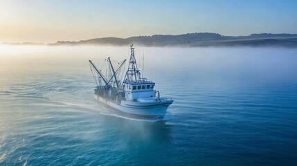 Obraz premium Fishing boat navigating through fog at sunrise over calm sea