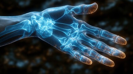 Man hand on blurred background using digital blue bones x-ray human body holographic scan projection