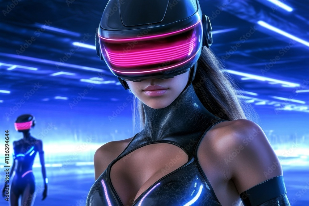 Poster a digital illustration of a futuristic runway show with models wearing led-infused outfits, set in a