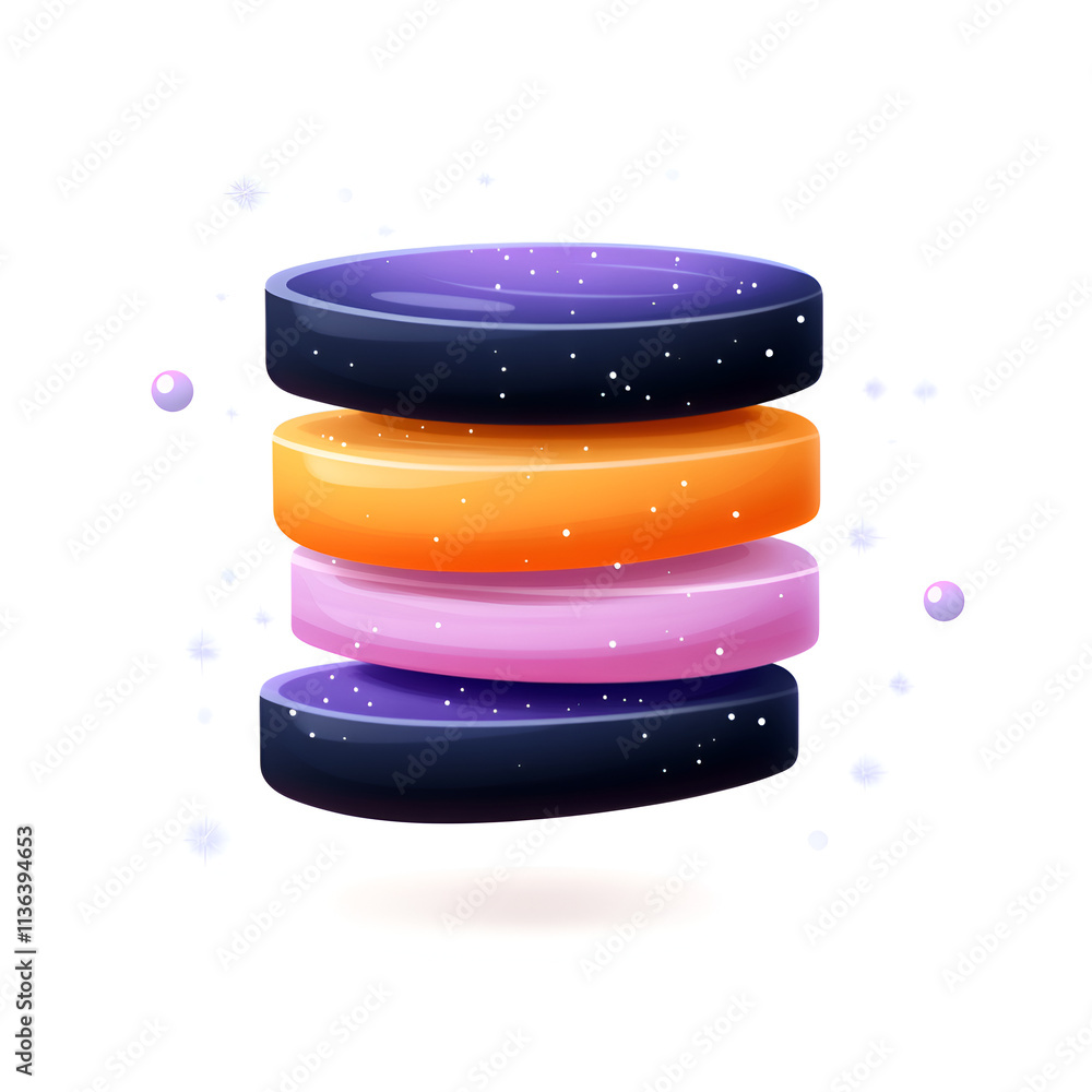 Poster a colorful stack of abstract circular shapes with a shiny and cosmic appearance, symbolizing innovat