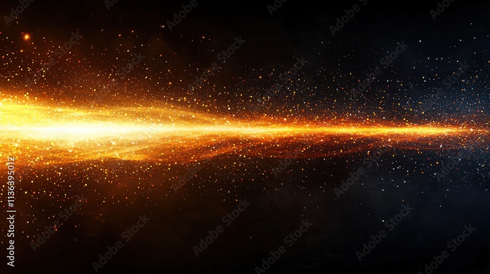 Poster dynamic abstract background with golden particles and flares in dark universe space