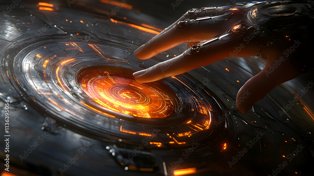 Poster robotic hand activating glowing circular interface.