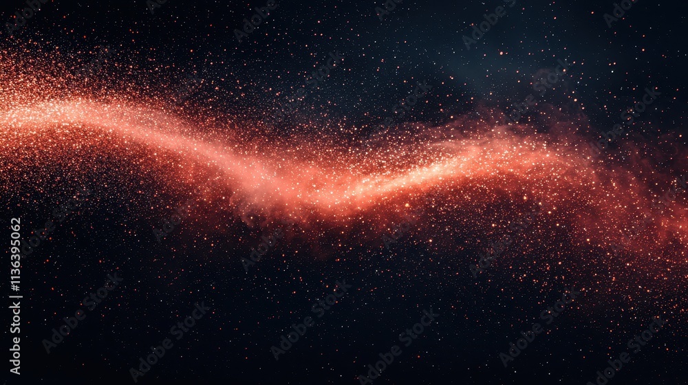 Poster cosmic wave of red glowing particles against deep dark space background for imaginative concepts