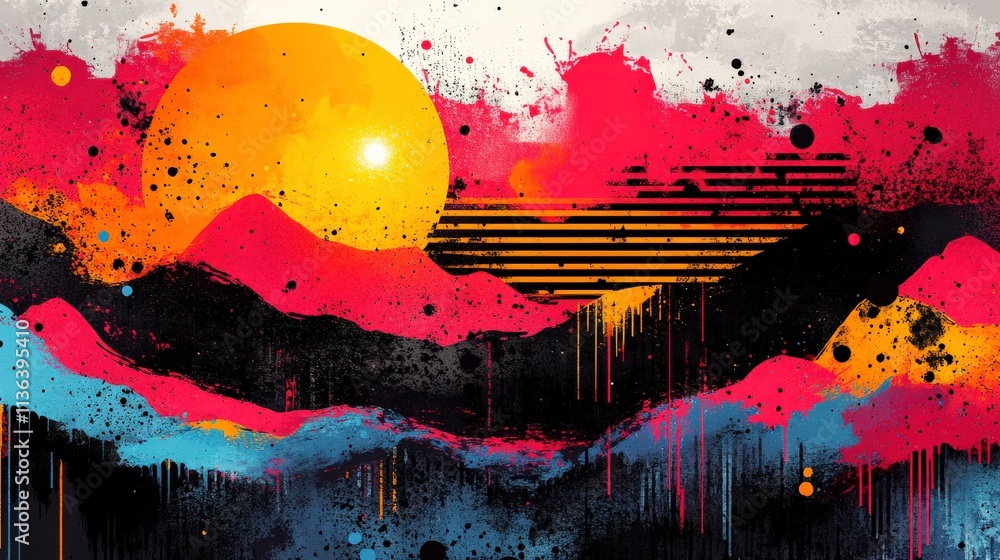 Poster vibrant abstract landscape with bold colors and geometric patterns depicting a sun set over mountain