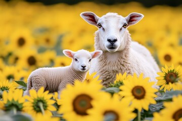 Fototapeta premium A ewe and her lamb exploring a patch of bright sunflowers in a rural farm field