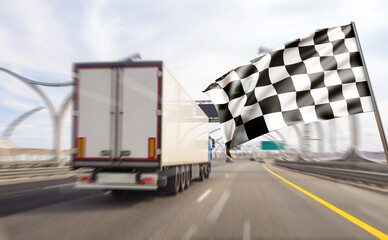 Naklejka premium Logistics transportation. Truck is driving along highway. Start flag near lorry. Road transportation of goods. Truck on bridge rear view. Start of logistics delivery. Truck from transport company