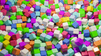 Multi-colored background. Lots of colored cubes. Colorful backdrop. Abstract texture. Three-dimensional background for site. Colorful wallpaper. Pile multi-colored cubes with glossy surface. 3d image