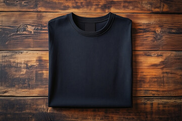 plain black folded t shirt for mockup photorealistic on wood table, top view 