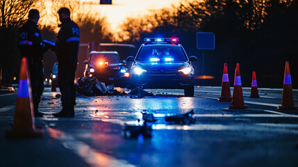 Car accident scene with police officers assessing at sunset surrounded by traffic cones