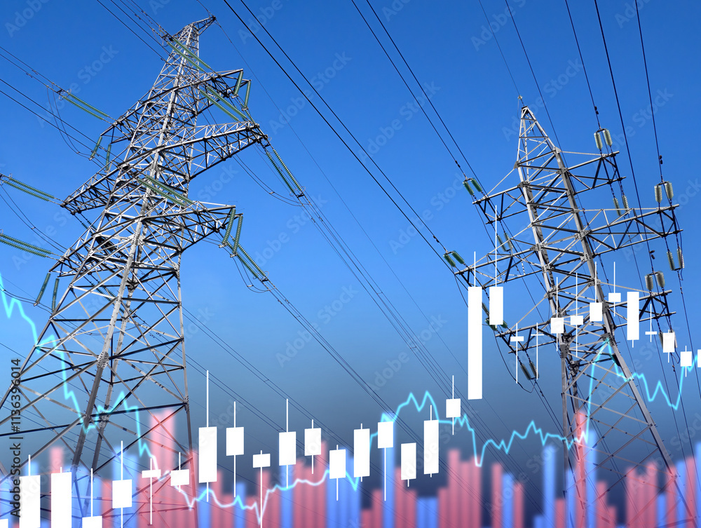 Poster high voltage power lines. graph of load fluctuations on energy system. power line supports and wires