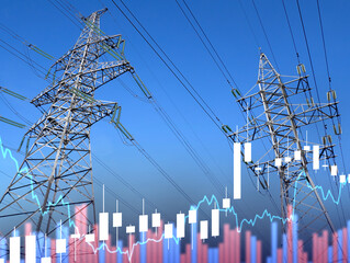High voltage power lines. Graph of load fluctuations on energy system. Power line supports and...