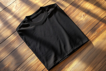 plain black t shirt with light shadow for mockup photorealistic on wood table, top view 