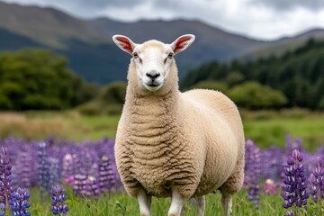 Fototapeta premium A ewe standing beside a patch of blooming lupines, with vibrant purples and blues contrasting her white wool