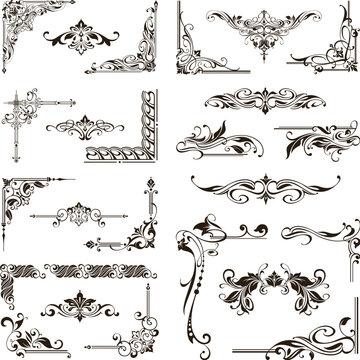 
Vintage design lace borders monogram logo and corners, dividers Vector set art deco floral ornaments elements