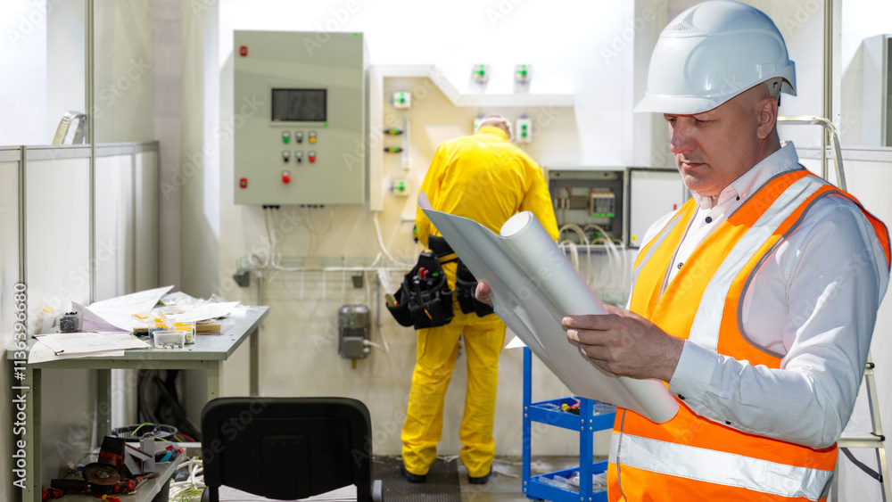 Aufkleber man engineer. portrait of worker with drawings in hands. worker stands in engineering room. electric