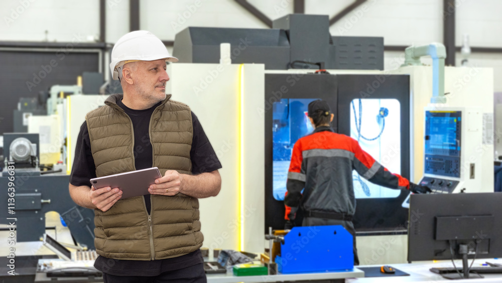 Poster man manager industrial factory. specialist with e-tablet stands in workshop. factory with high-tech 