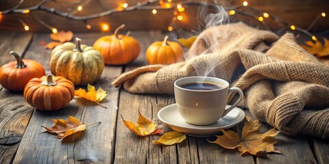 Cozy Autumn Morning Steam Rising From a Warm Beverage Surrounded by Pumpkins and Fall Foliage on a Rustic Wooden Table