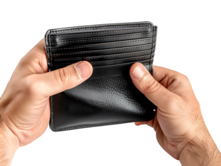 Male Hands Holding an Empty Black Wallet, Isolated on a Transparent Background, Perfect for Finance, Personal, or Lifestyle-Themed Designs