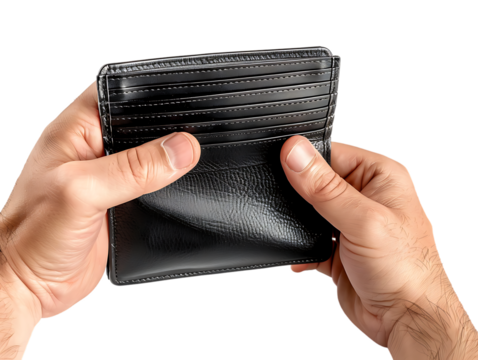 Male Hands Holding an Empty Black Wallet, Isolated on a Transparent Background, Perfect for Finance, Personal, or Lifestyle-Themed Designs