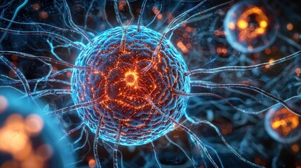Obraz premium A cognitive AI system visualized as a glowing digital sphere surrounded by layers of neural networks and data streams. The intricate design symbolizes the complexity and adaptability of AI-driven 