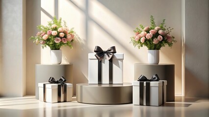 Elegant Gift Presentation with Floral Accents and Minimalist Styling