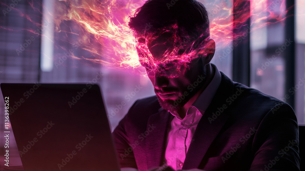 Poster businessman having a brainstorm while working on a laptop, with a glowing head effect, symbolizing c