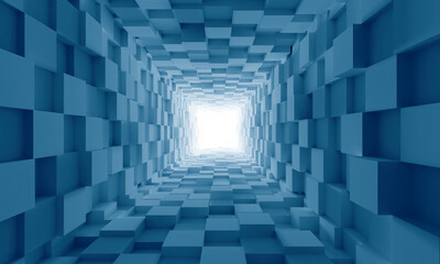 Tunnel among blue cubes. Geometric background. Glow at end of long corridor. Walls of cubes form...