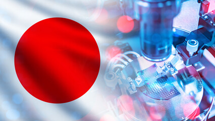 Microchip production in Japan. Equipment for manufacture of microprocessors. Flag Japan....