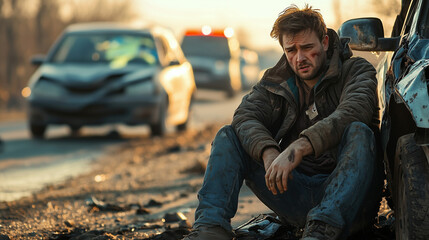 Man sitting distressed after a car accident on a roadside with damaged vehicles