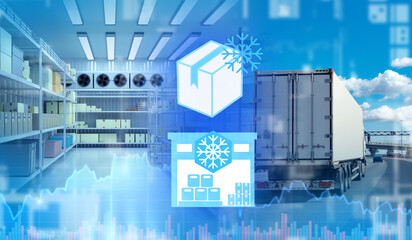 Transportation of frozen products. Transportation of refrigerated goods. Refrigerator container on...