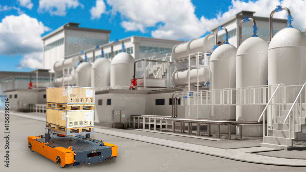 Poster robot on territory of industrial enterprise. agv carries flight to factory. amr technologies. exteri
