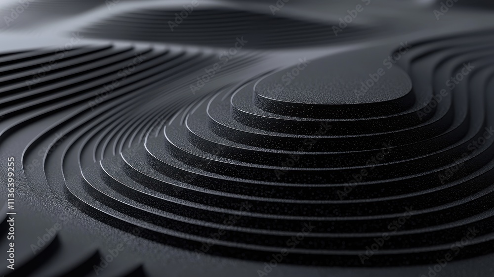 Poster detailed abstract texture with black stratified layers and depth illusion in smooth material