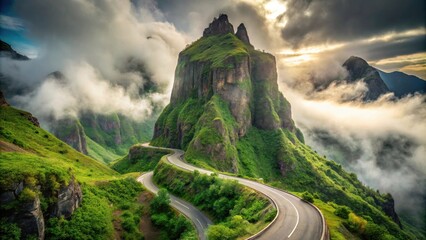 Fototapeta premium Serpentine mountain road winding through lush green hills and dramatic rock formations, bathed in the golden light of sunrise or sunset, with mist clinging to the valleys below