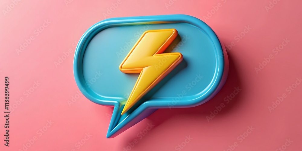Poster 3d cartoon style speech bubble with thunderbolt in vibrant colors for creative communication and fun
