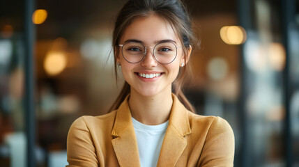 Obraz premium Confident and professional businesswoman in modern office setting, wearing eyeglasses and smiling with folded arms