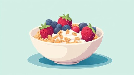 Bowl of fresh berries and yogurt with granola, healthy breakfast food illustration, strawberries and blueberries in white bowl